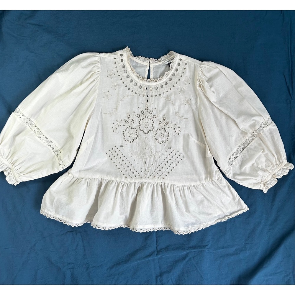 American Eagle White Eyelet Embroidered Puff Sleeve Peplum Blouse XS